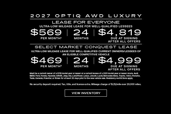 2027 OPTIQ AWD LUXURY. Ultra-low milege lease for well-qualified lessees. $569 per month 24 month...